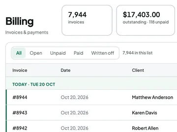 Billing: invoices, the outstanding total and today's invoices.